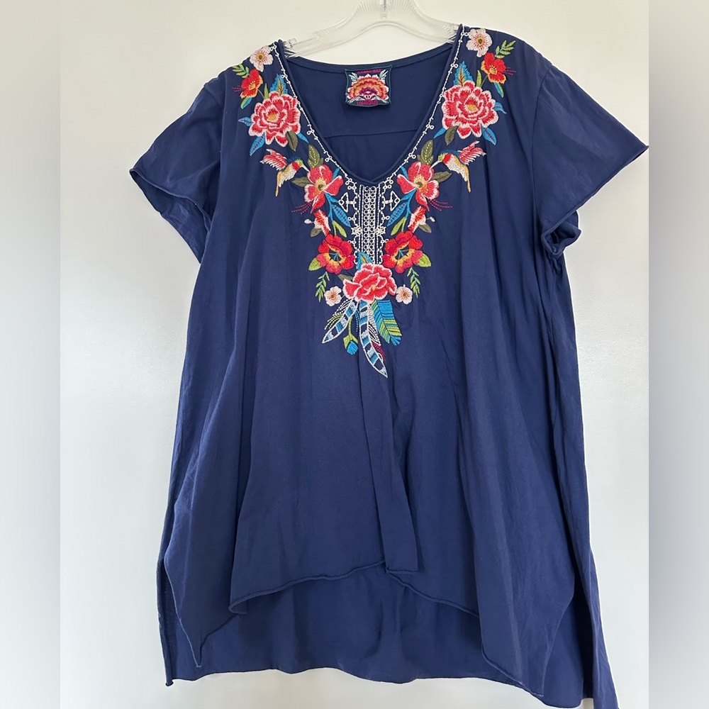 Johnny Was Navy Floral Embroidered V-Neck Tunic XL